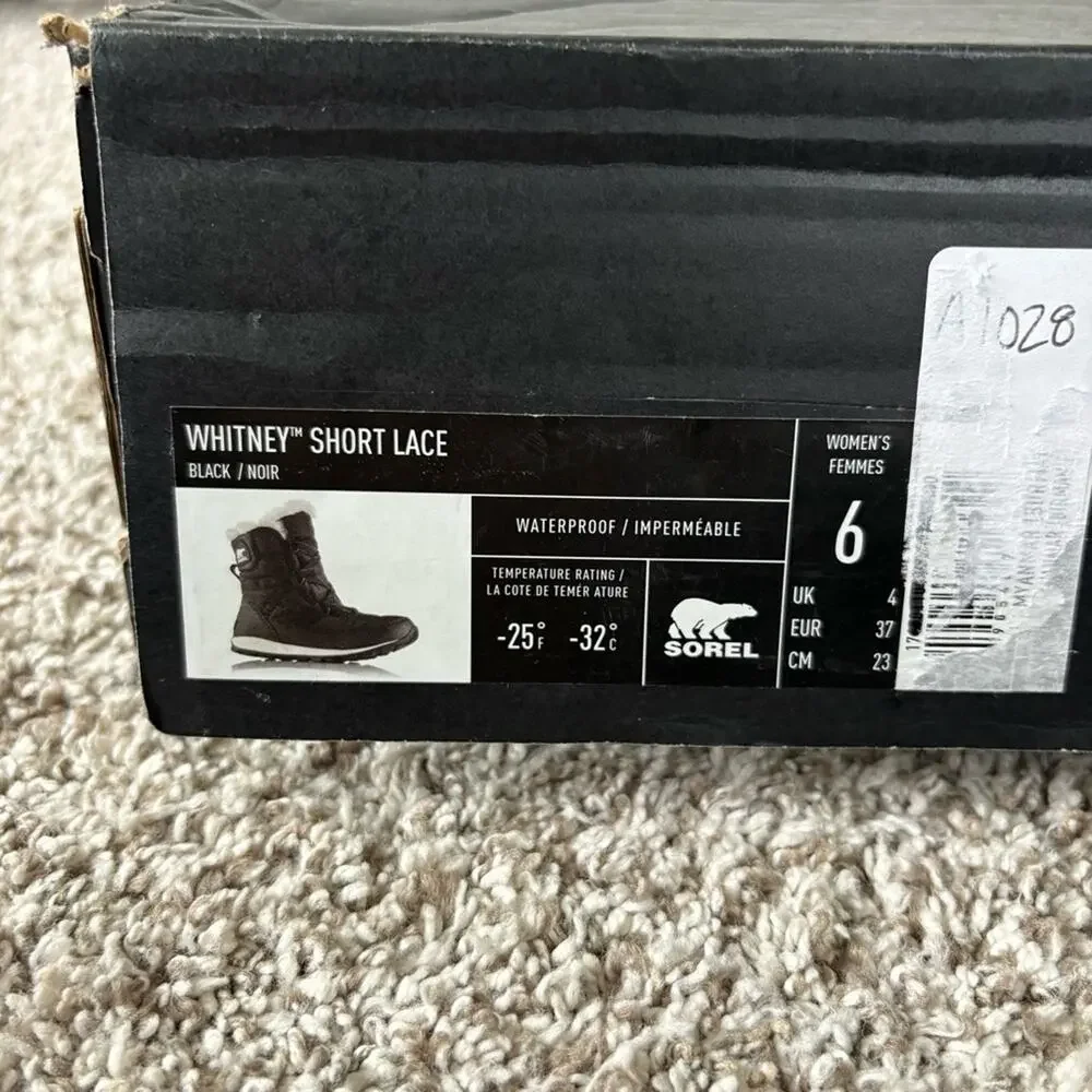 NIB Sorel Women's Whitney II Black Nylon Short Lace Ankle Boots Size 6